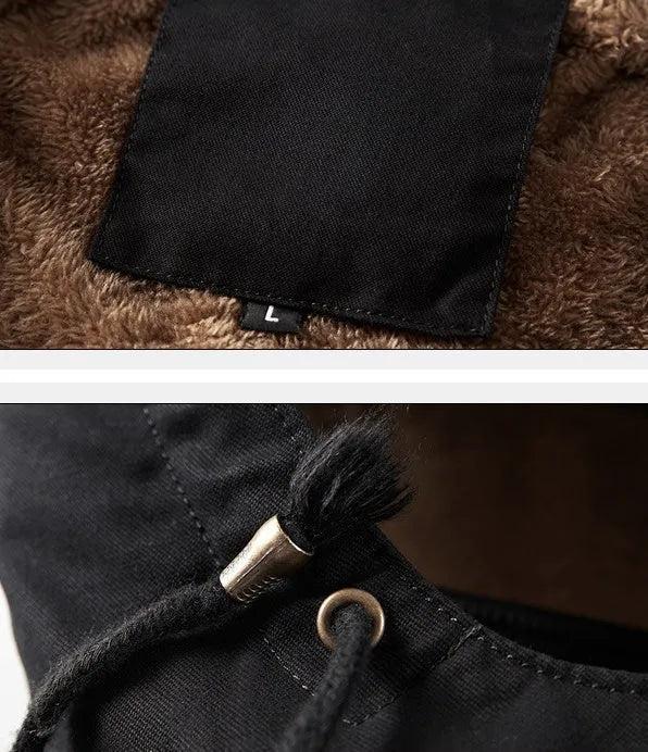 Men's thickened winter jacket with stand-up collar and zip front, loose fit casual coat in khaki, black, earthy yellow or military green
