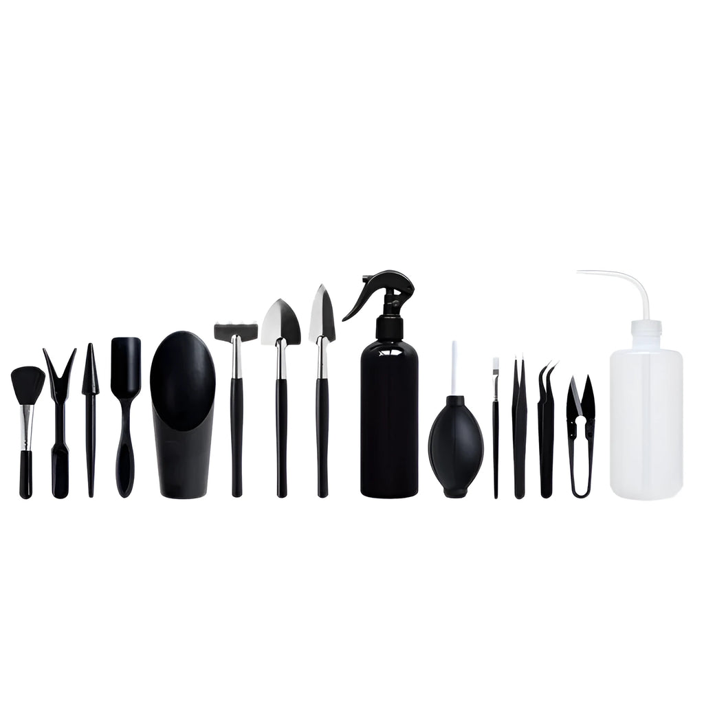 16-piece black mini garden hand tools set for succulents and bonsai on a 75cm cushion.