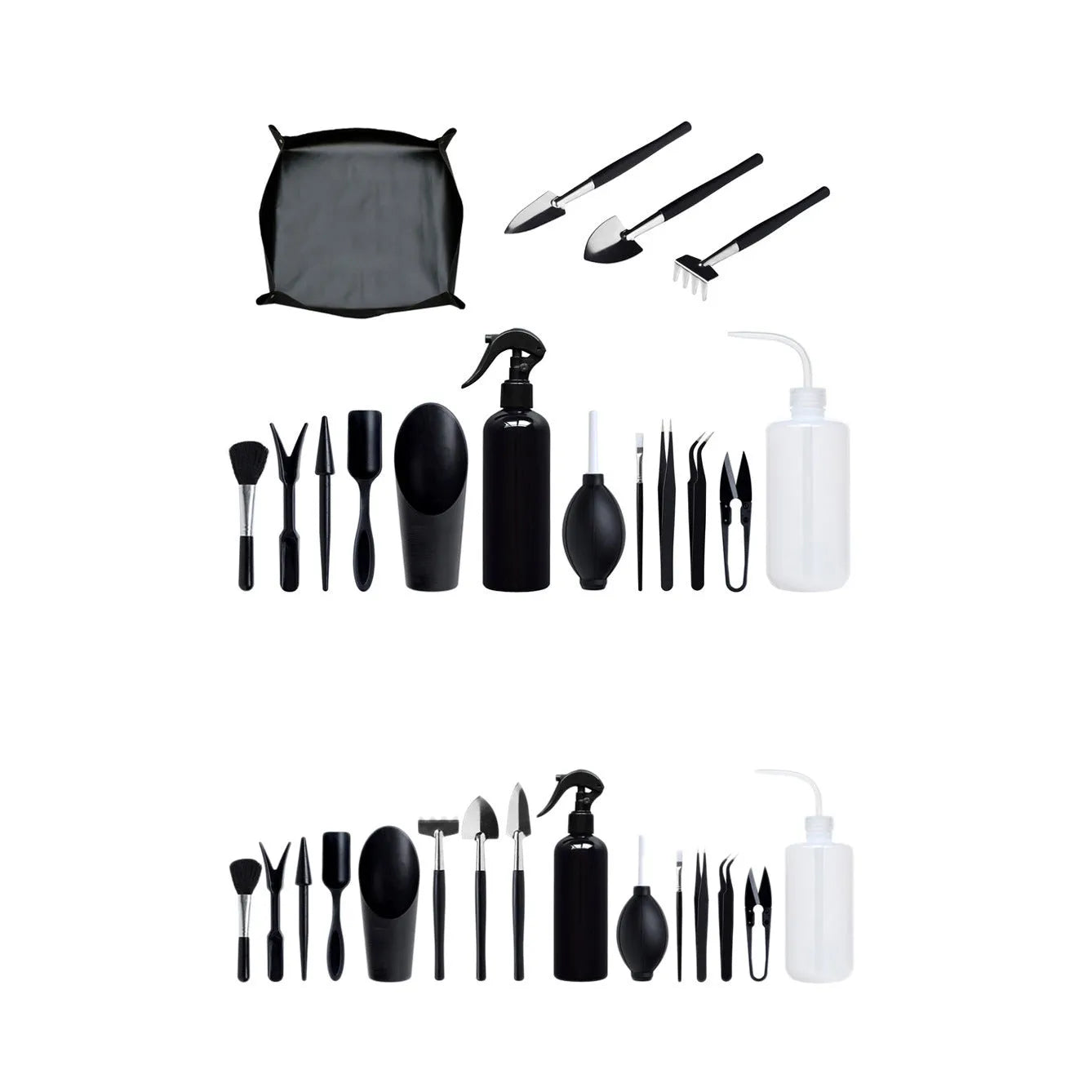 16-piece black mini garden hand tools set for succulents and bonsai on a 75cm cushion.