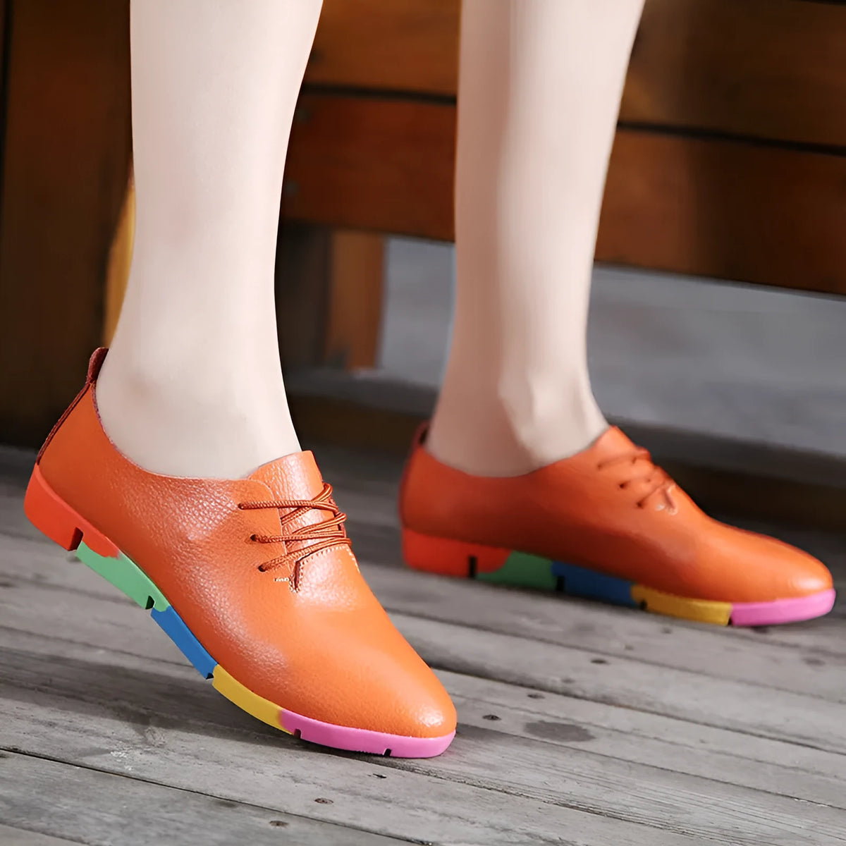 Women's flat nurse shoes in white with pointed toe, bovine split leather upper, front tie, and low 1-3cm heel