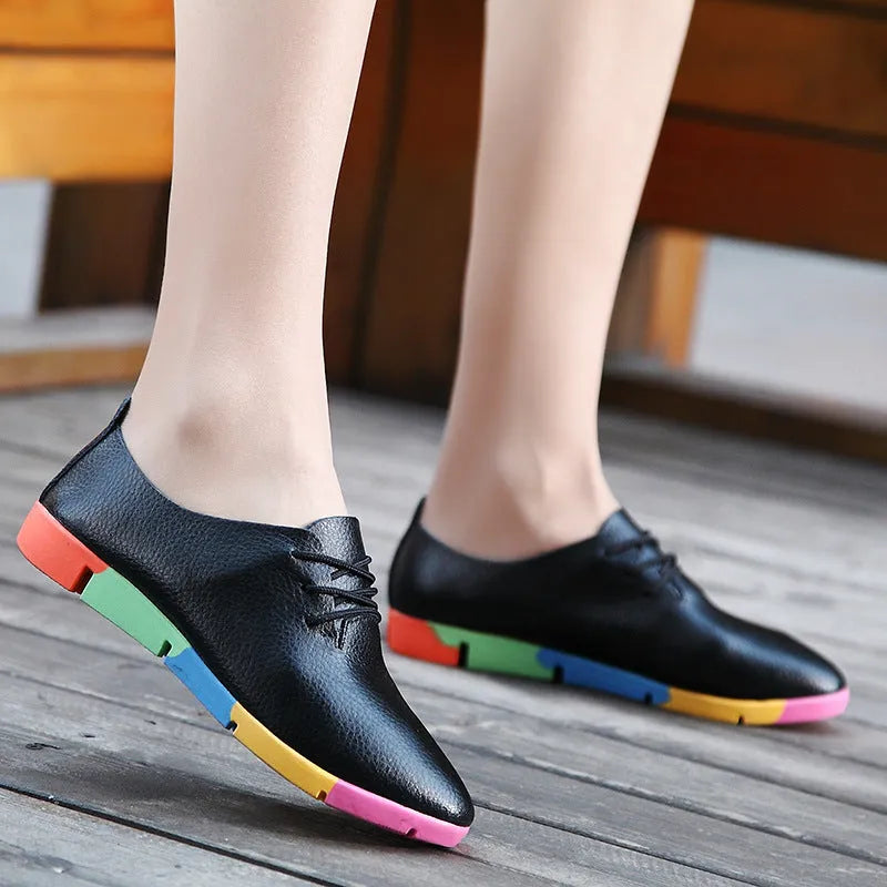 Women's flat nurse shoes in white with pointed toe, bovine split leather upper, front tie, and low 1-3cm heel