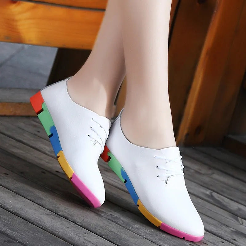 Women's flat nurse shoes in white with pointed toe, bovine split leather upper, front tie, and low 1-3cm heel