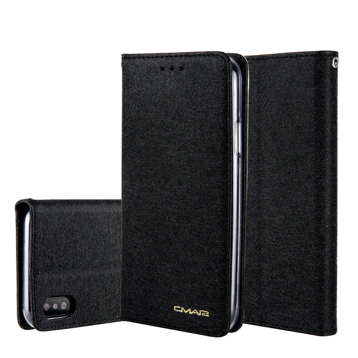 Apple iPhone flip case in PU leather with a built-in card slot, shown in various colours.