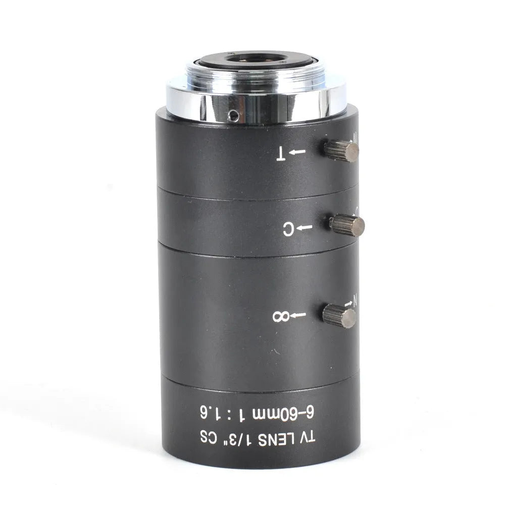 Black manual aperture 6-60mm camera lens with CS mount for 1/3 inch sensors