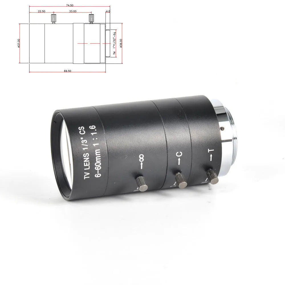 Black manual aperture 6-60mm camera lens with CS mount for 1/3 inch sensors