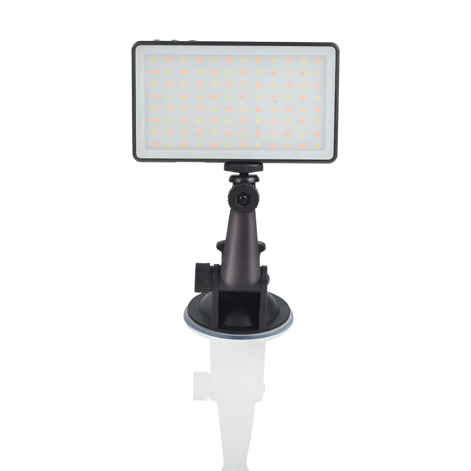 Black aluminium LED video conference light showing its slim profile and LED array, placed next to a laptop.