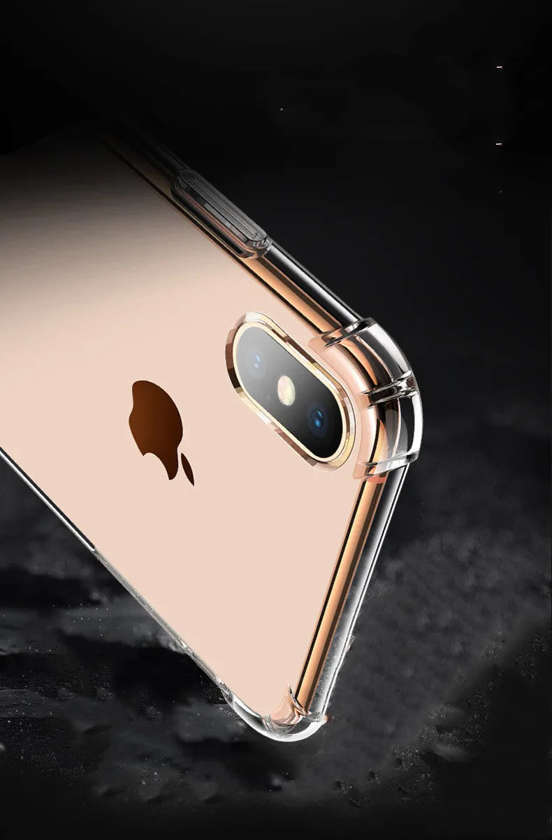 Transparent white silicone shockproof case on an iPhone, showing compatibility with multiple models.