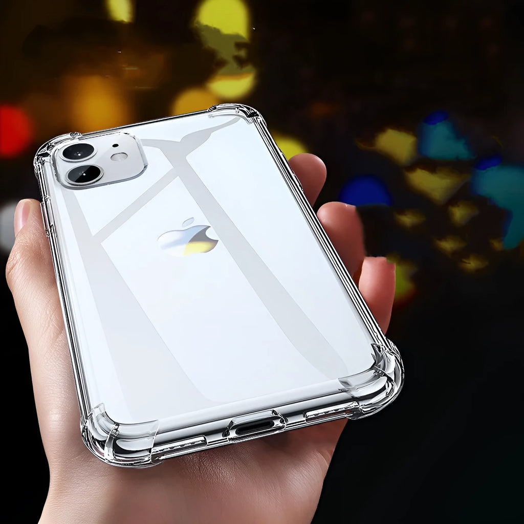 Transparent white silicone shockproof case on an iPhone, showing compatibility with multiple models.