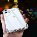 Transparent white silicone shockproof case on an iPhone, showing compatibility with multiple models.