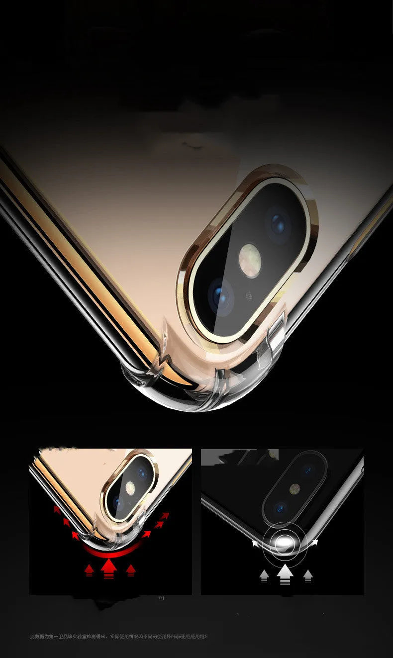 Transparent white silicone shockproof case on an iPhone, showing compatibility with multiple models.