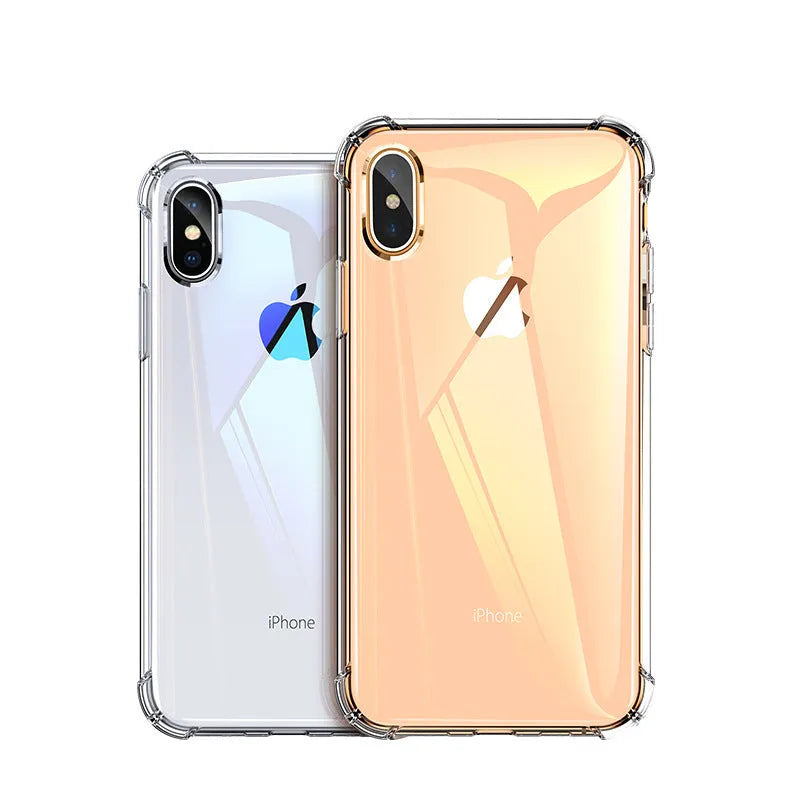 Transparent white silicone shockproof case on an iPhone, showing compatibility with multiple models.