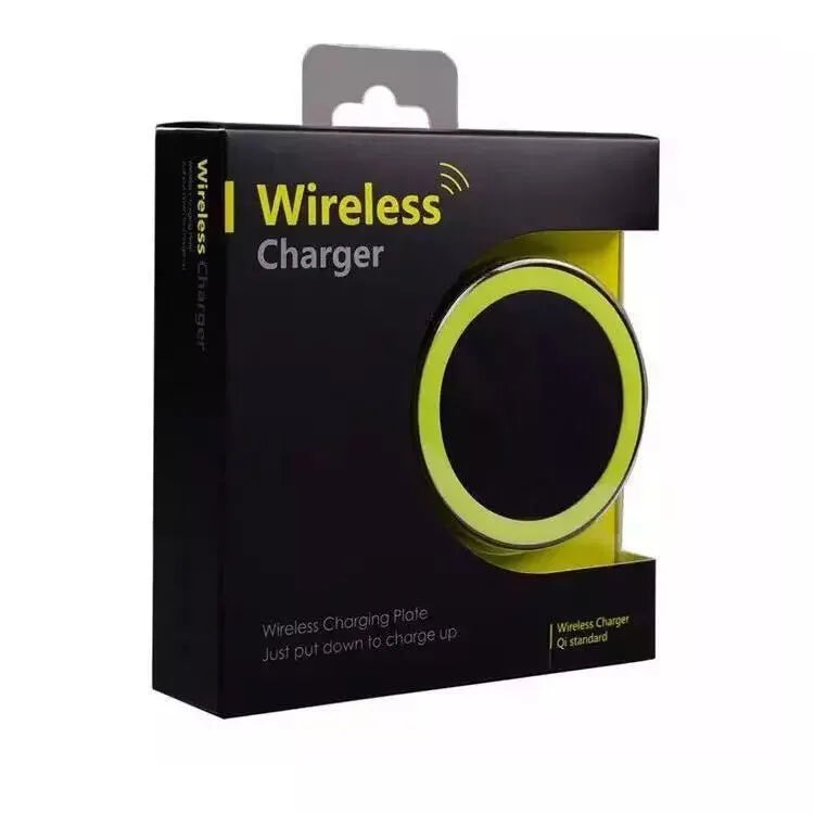 Square Qi wireless charging pad for mobile phones in six colour options on a wooden surface.