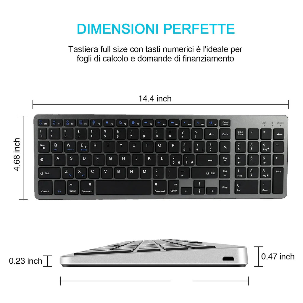 Ultra-thin aluminium Bluetooth keyboard for tablets and mobile phones with 104 keys