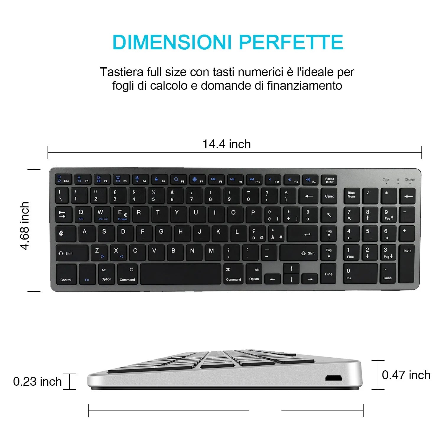 Ultra-thin aluminium Bluetooth keyboard for tablets and mobile phones with 104 keys