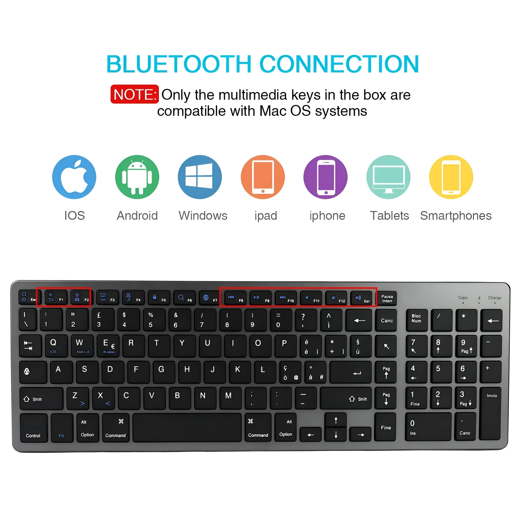 Ultra-thin aluminium Bluetooth keyboard for tablets and mobile phones with 104 keys