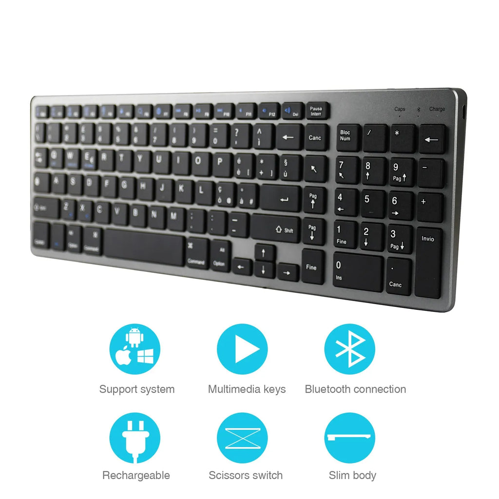 Ultra-thin aluminium Bluetooth keyboard for tablets and mobile phones with 104 keys