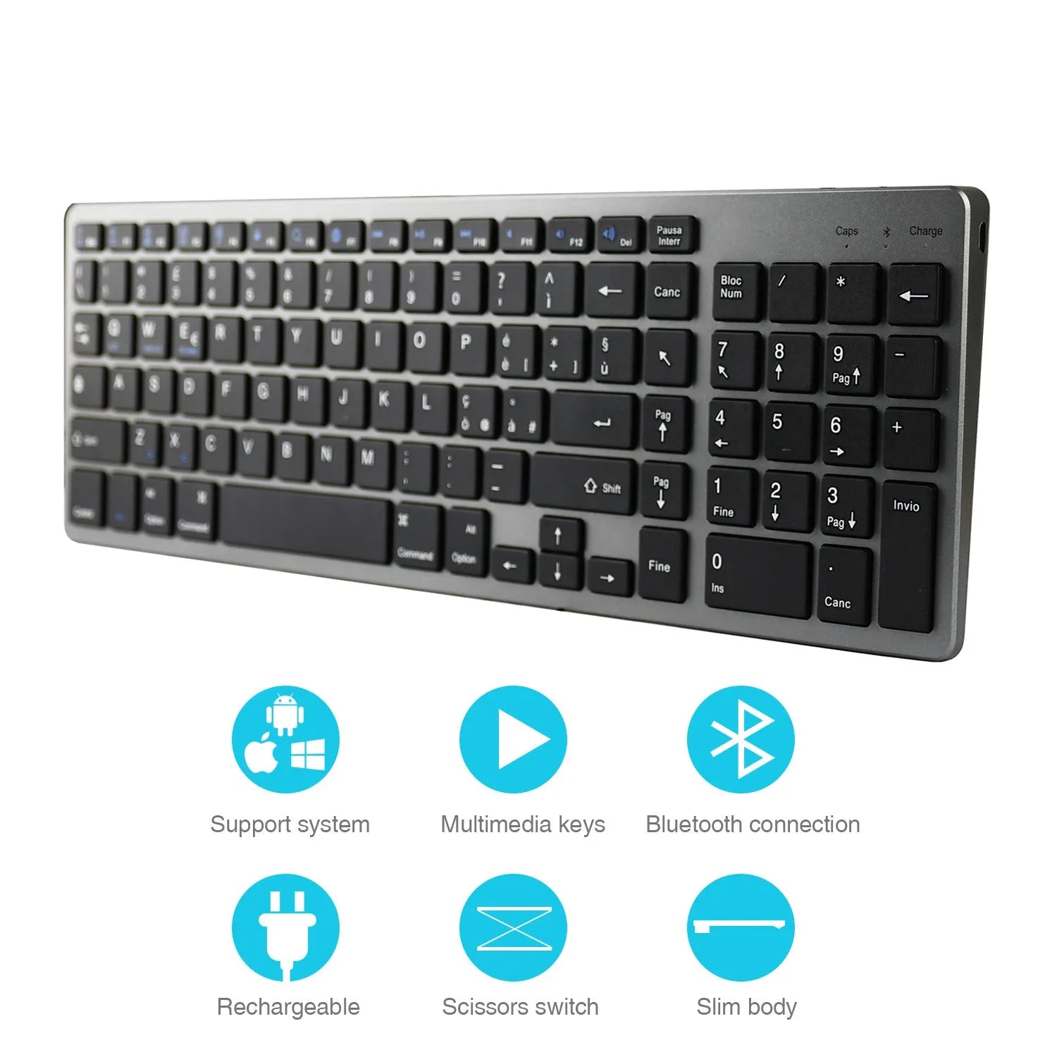 Ultra-thin aluminium Bluetooth keyboard for tablets and mobile phones with 104 keys