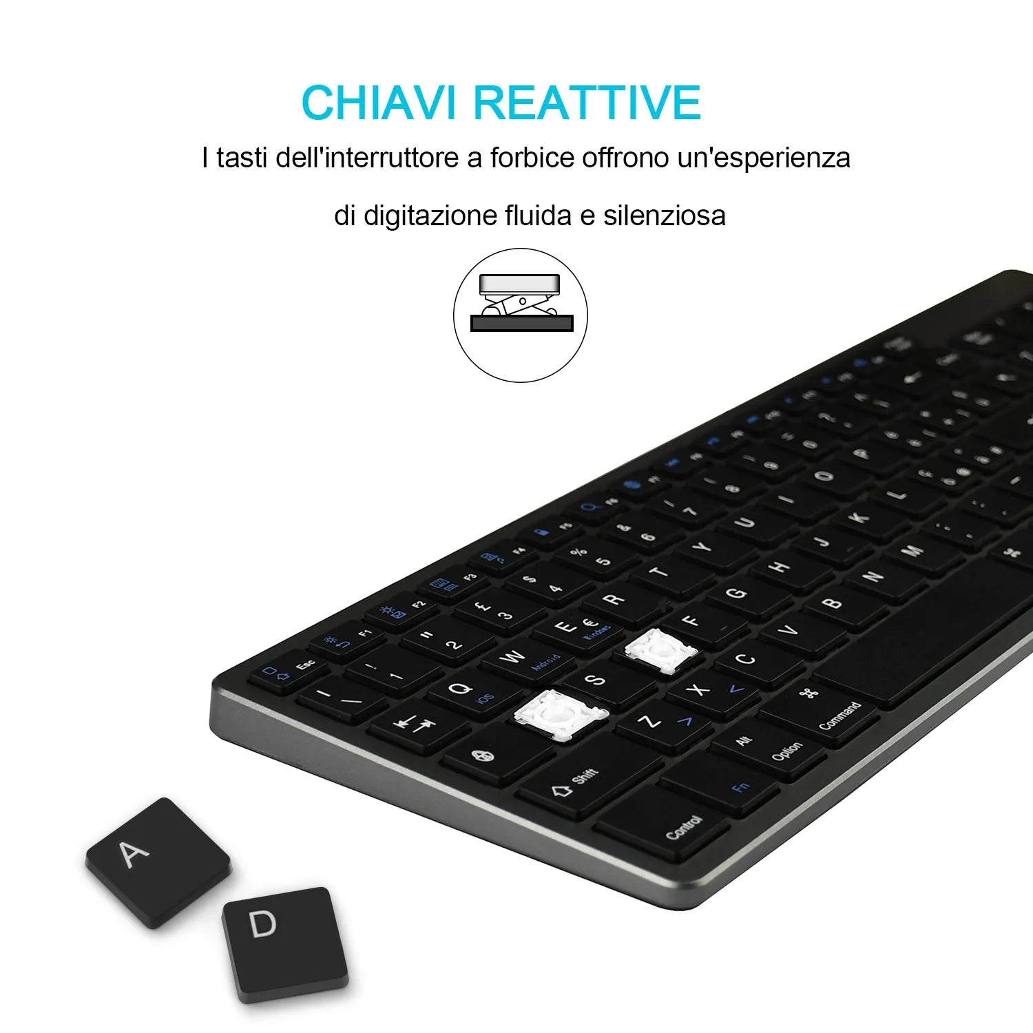 Ultra-thin aluminium Bluetooth keyboard for tablets and mobile phones with 104 keys
