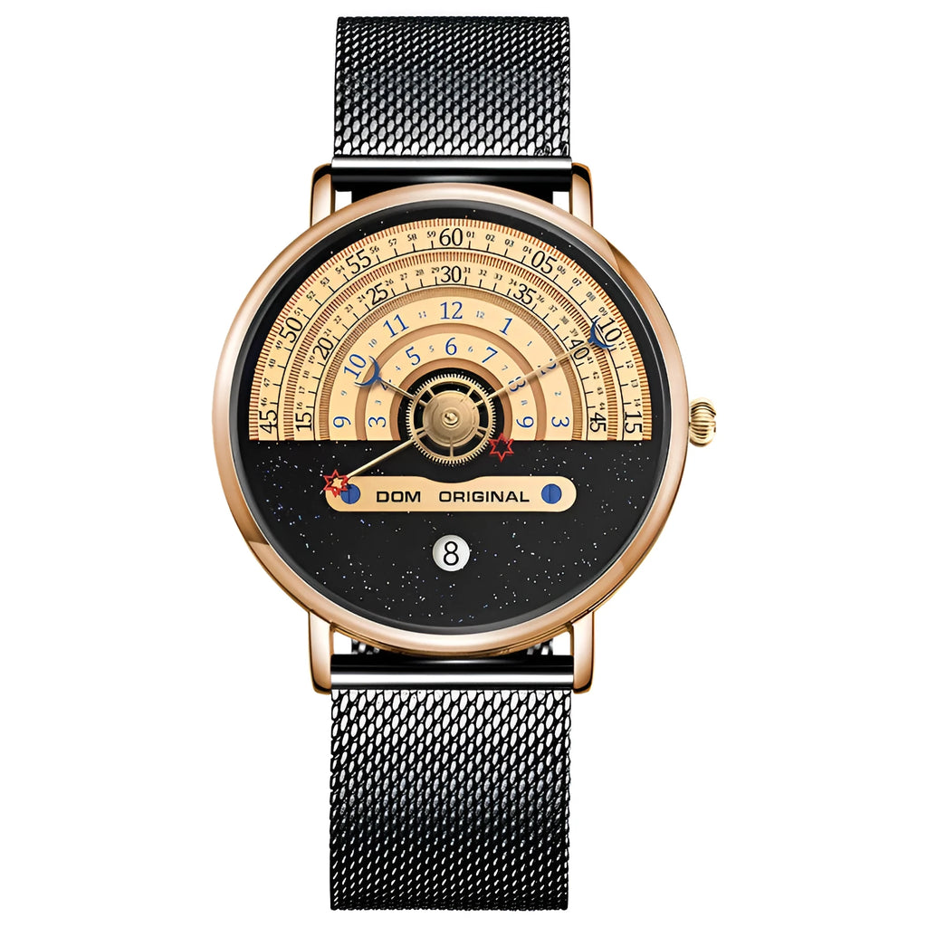Men's gold and silver sports watch with round 40mm dial, mineral glass, and stainless steel or leather strap options