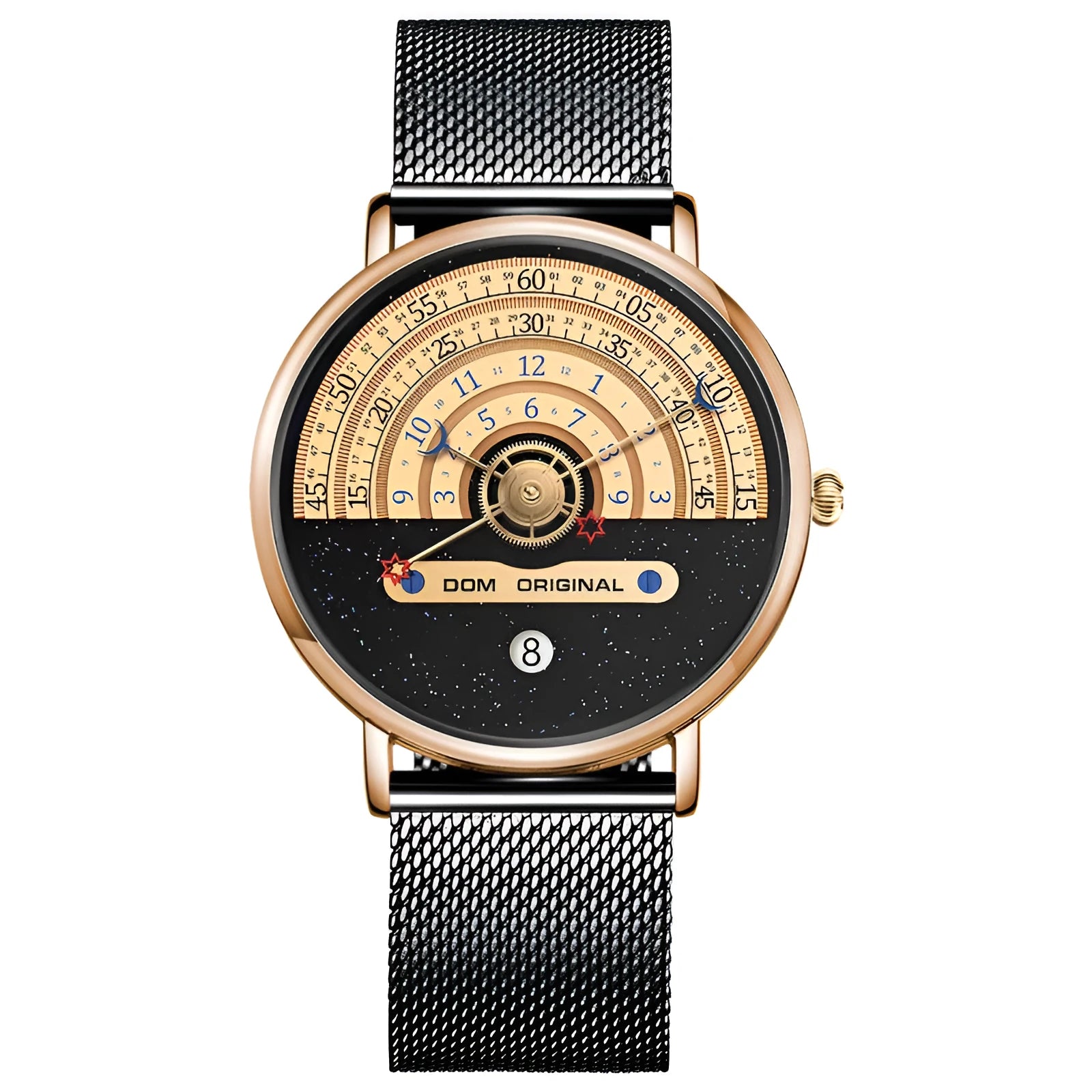 Men's gold and silver sports watch with round 40mm dial, mineral glass, and stainless steel or leather strap options
