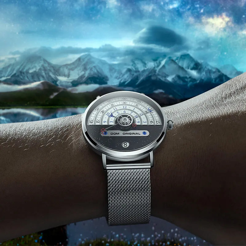Men's gold and silver sports watch with round 40mm dial, mineral glass, and stainless steel or leather strap options