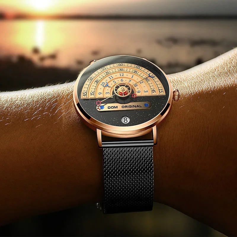 Men's gold and silver sports watch with round 40mm dial, mineral glass, and stainless steel or leather strap options
