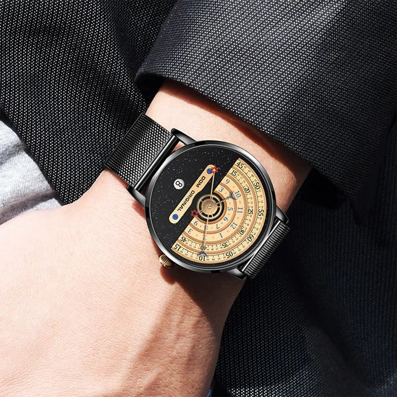 Men's gold and silver sports watch with round 40mm dial, mineral glass, and stainless steel or leather strap options