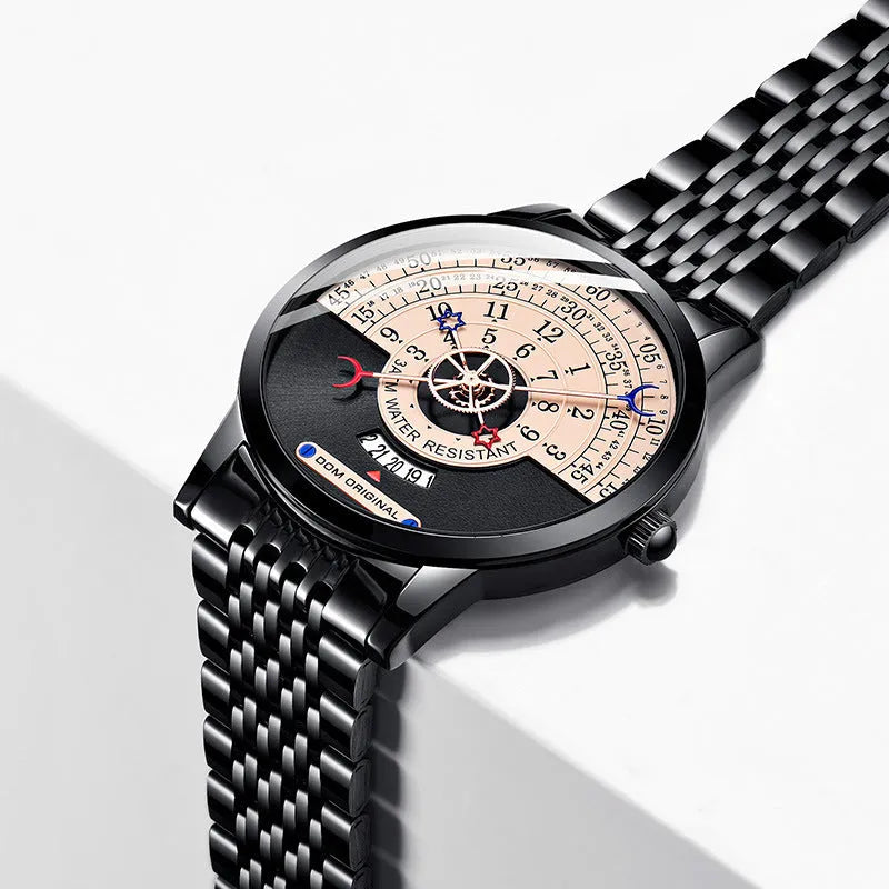 Men's gold and silver sports watch with round 40mm dial, mineral glass, and stainless steel or leather strap options