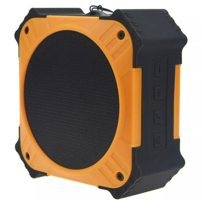 Compact black waterproof Bluetooth speaker with wrist strap showing 101mm cube dimensions