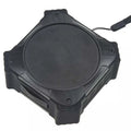 Compact black waterproof Bluetooth speaker with wrist strap showing 101mm cube dimensions