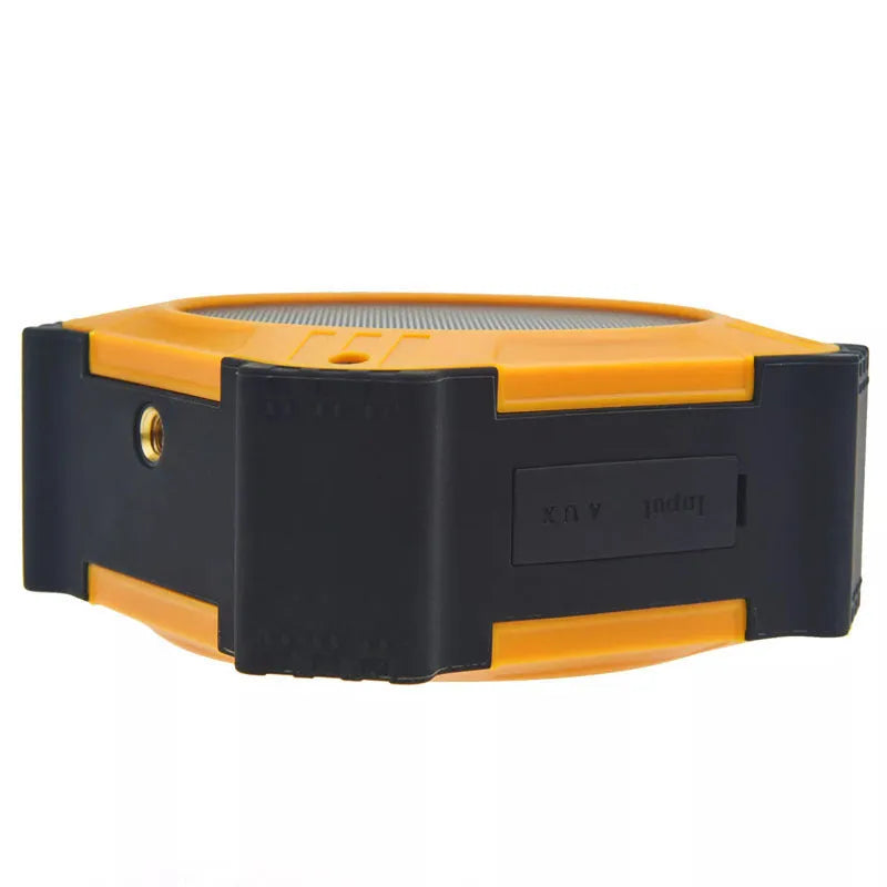 Compact black waterproof Bluetooth speaker with wrist strap showing 101mm cube dimensions