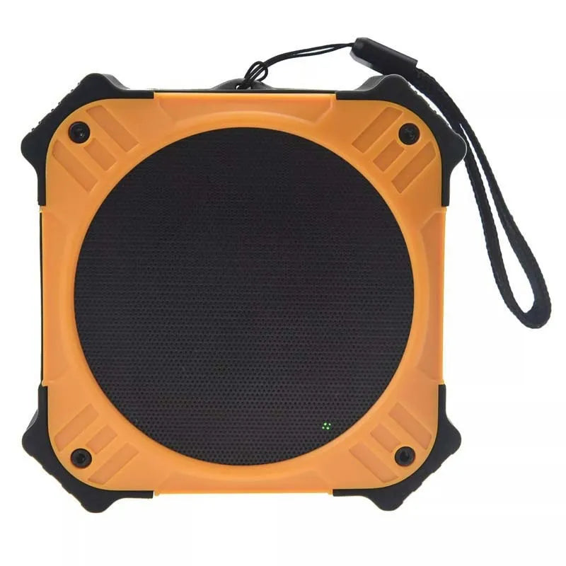 Compact black waterproof Bluetooth speaker with wrist strap showing 101mm cube dimensions