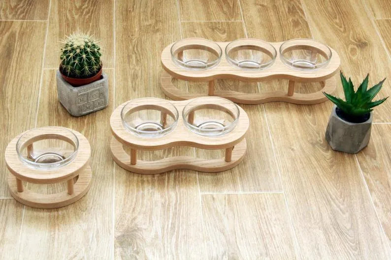 Wooden pet bowl rack with glass bowl in size S, M or L for cats and small dogs