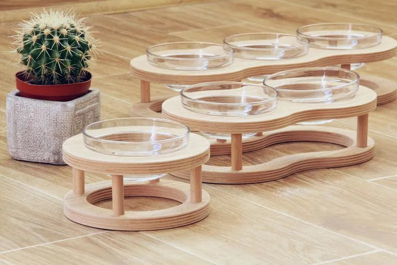 Wooden pet bowl rack with glass bowl in size S, M or L for cats and small dogs