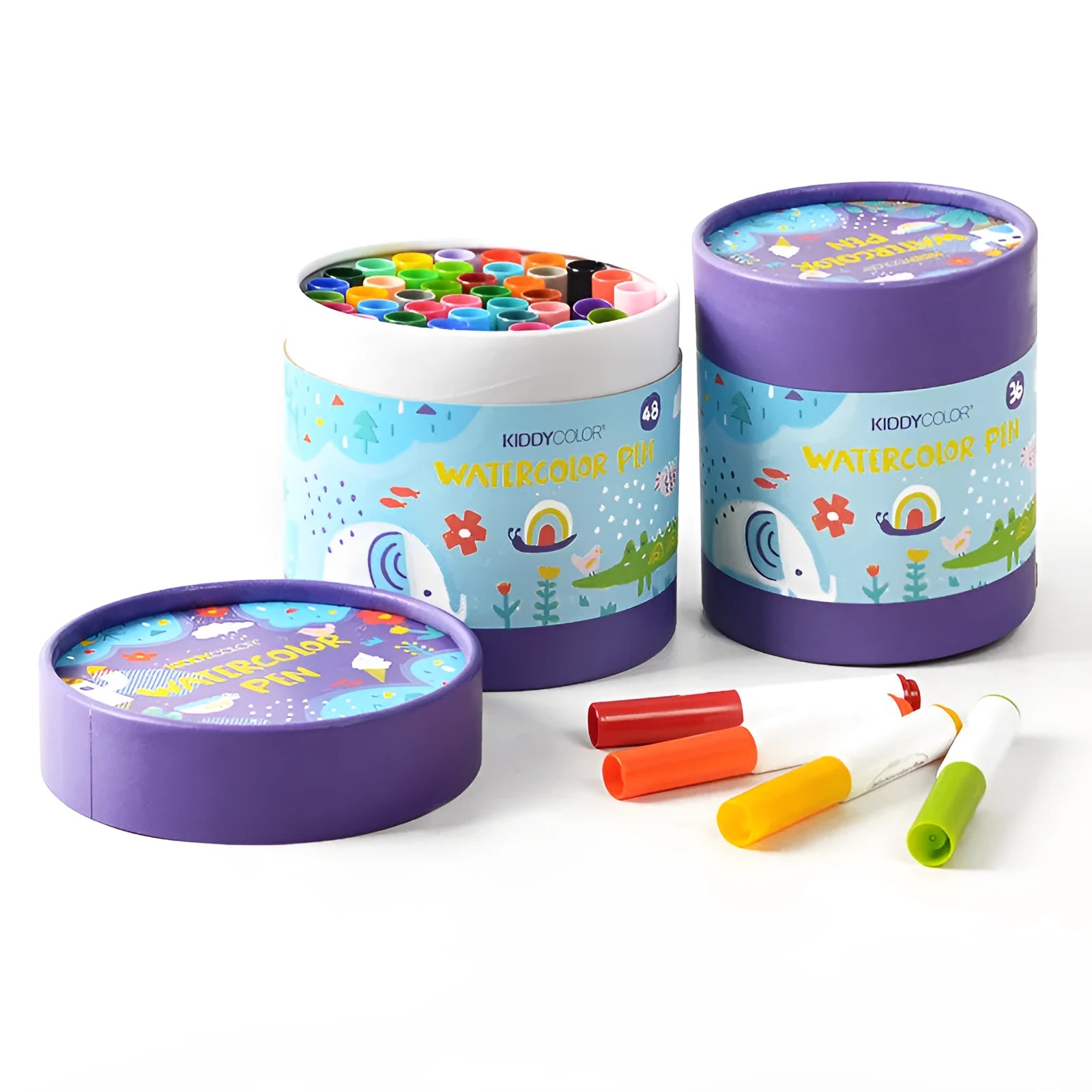 Set of children's washable watercolor pens with plastic barrels in 36 or 48 colour options.