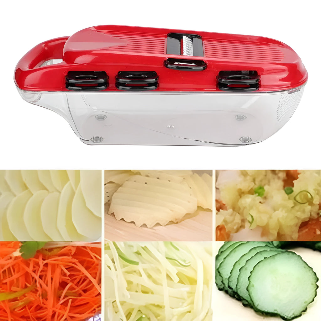 Red multi-function vegetable cutter with stainless steel blades and transparent container