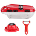Red multi-function vegetable cutter with stainless steel blades and transparent container