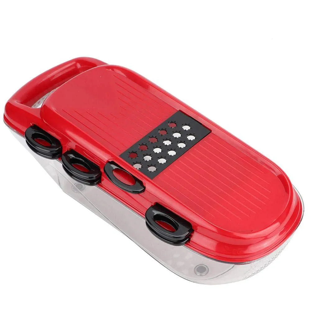 Red multi-function vegetable cutter with stainless steel blades and transparent container
