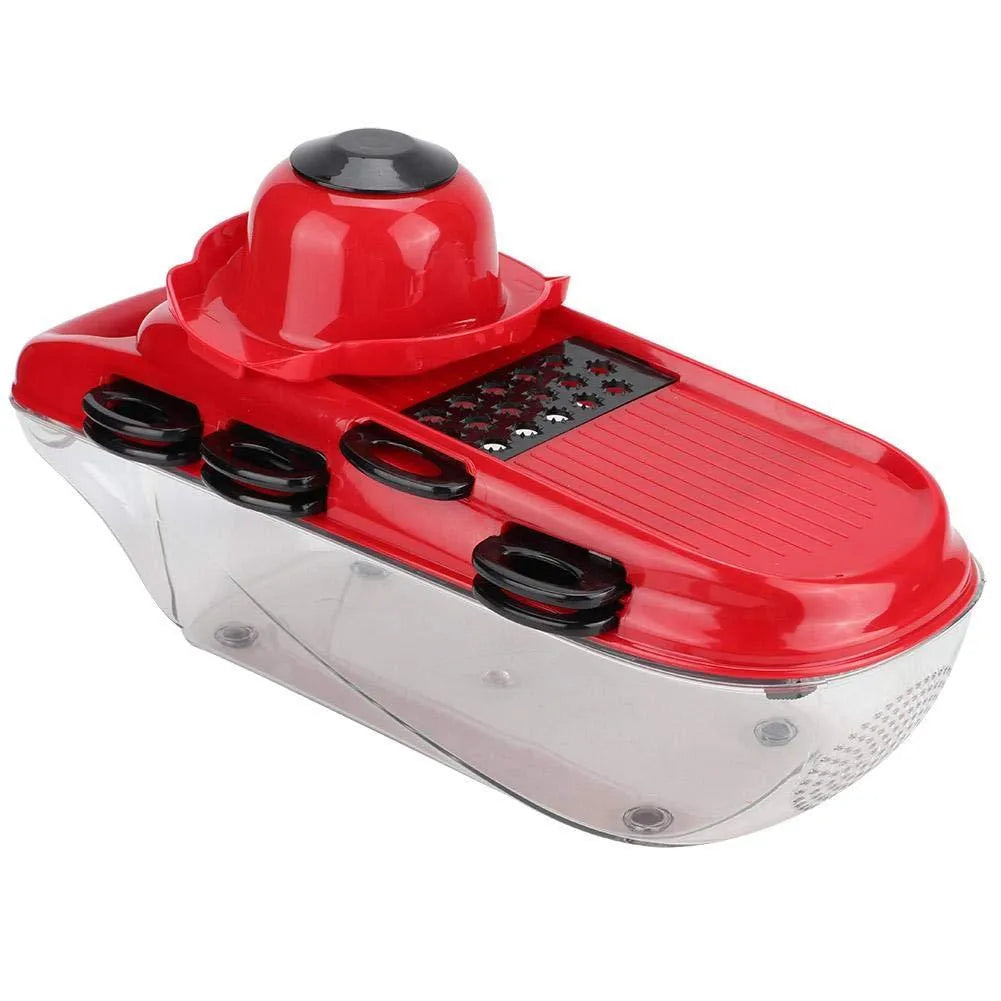 Red multi-function vegetable cutter with stainless steel blades and transparent container