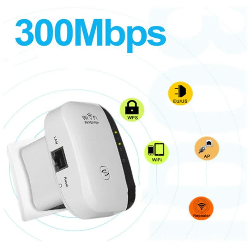 Wireless WiFi repeater with multiple international plug options in black and white colours