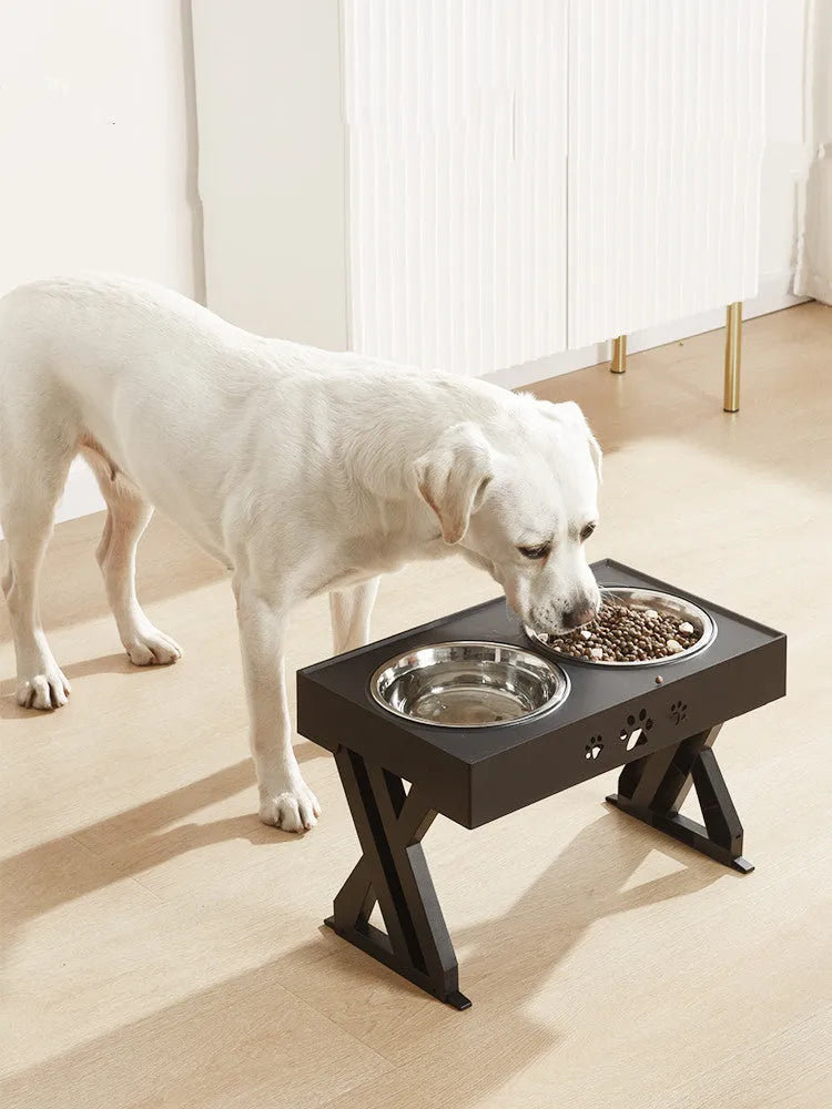 Adjustable double stainless steel pet bowl feeder with ABS base in black or grey for dogs and cats