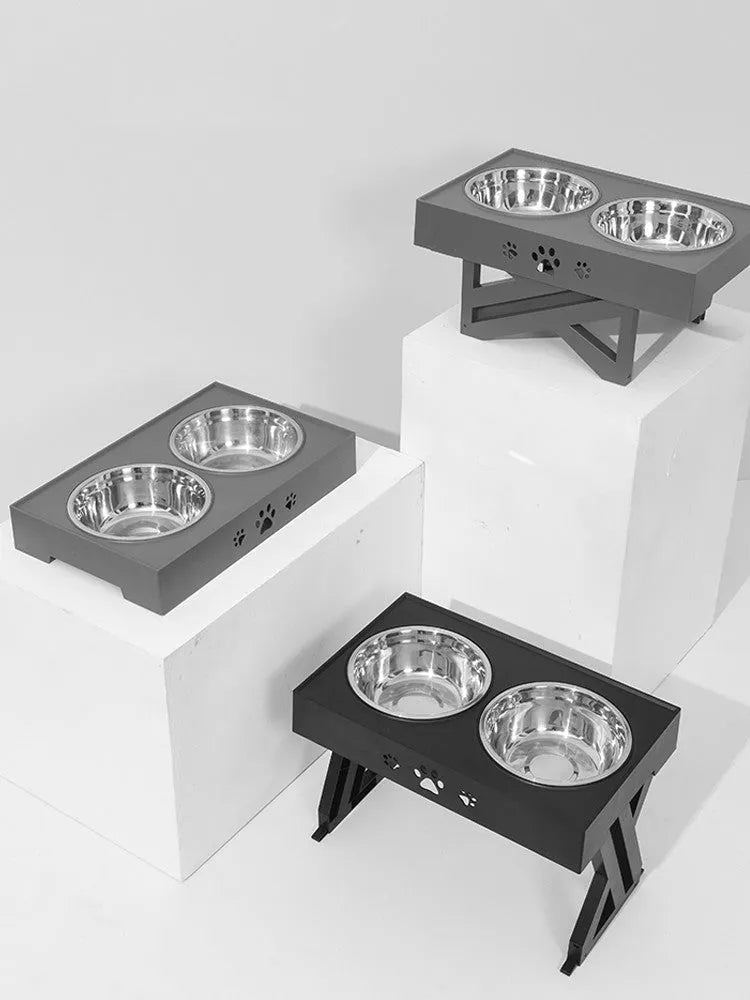 Adjustable double stainless steel pet bowl feeder with ABS base in black or grey for dogs and cats