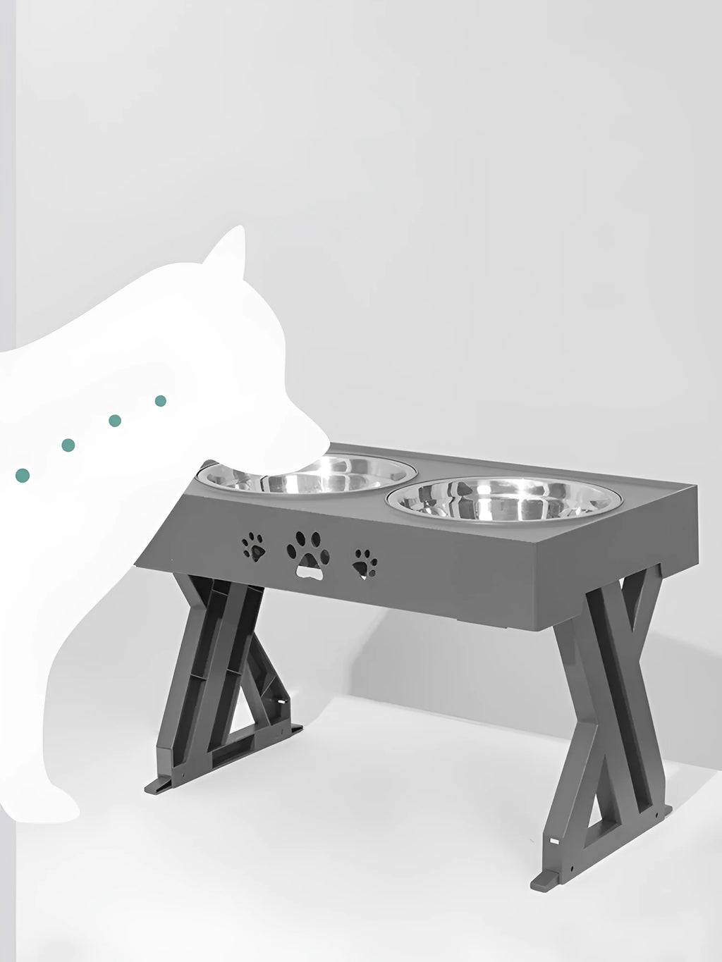 Adjustable double stainless steel pet bowl feeder with ABS base in black or grey for dogs and cats