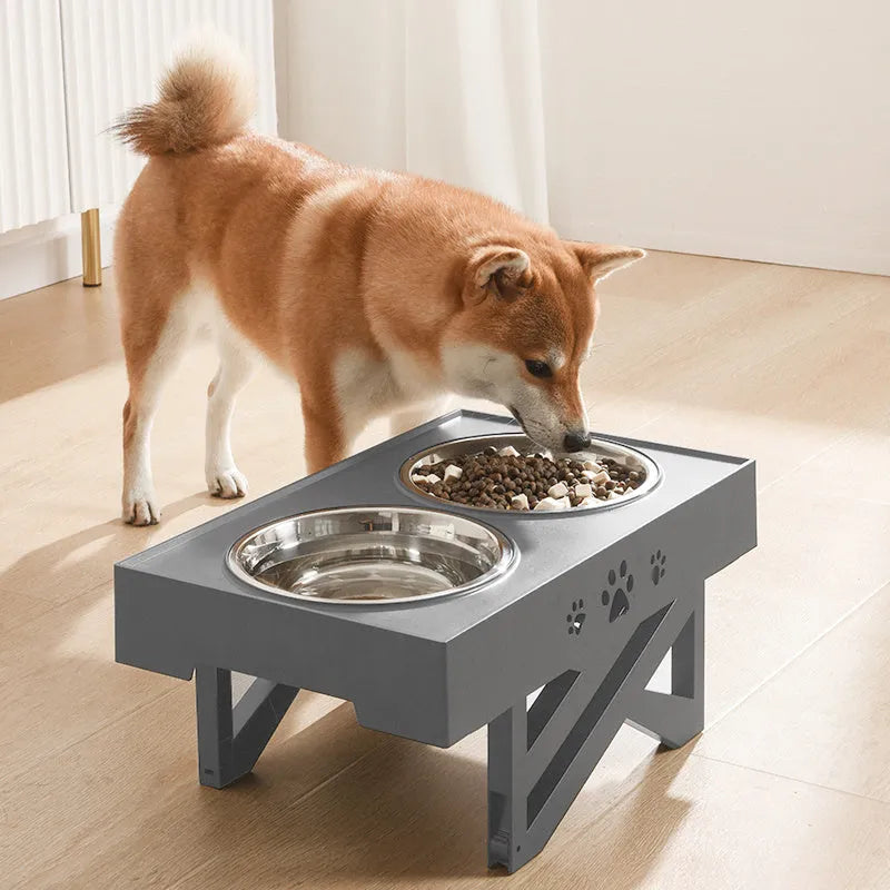 Adjustable double stainless steel pet bowl feeder with ABS base in black or grey for dogs and cats