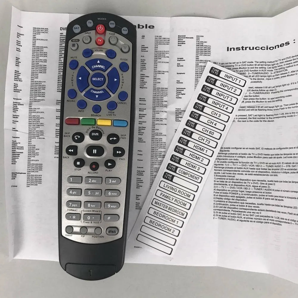 Black flat universal remote control for DISH Network satellite TV receivers.