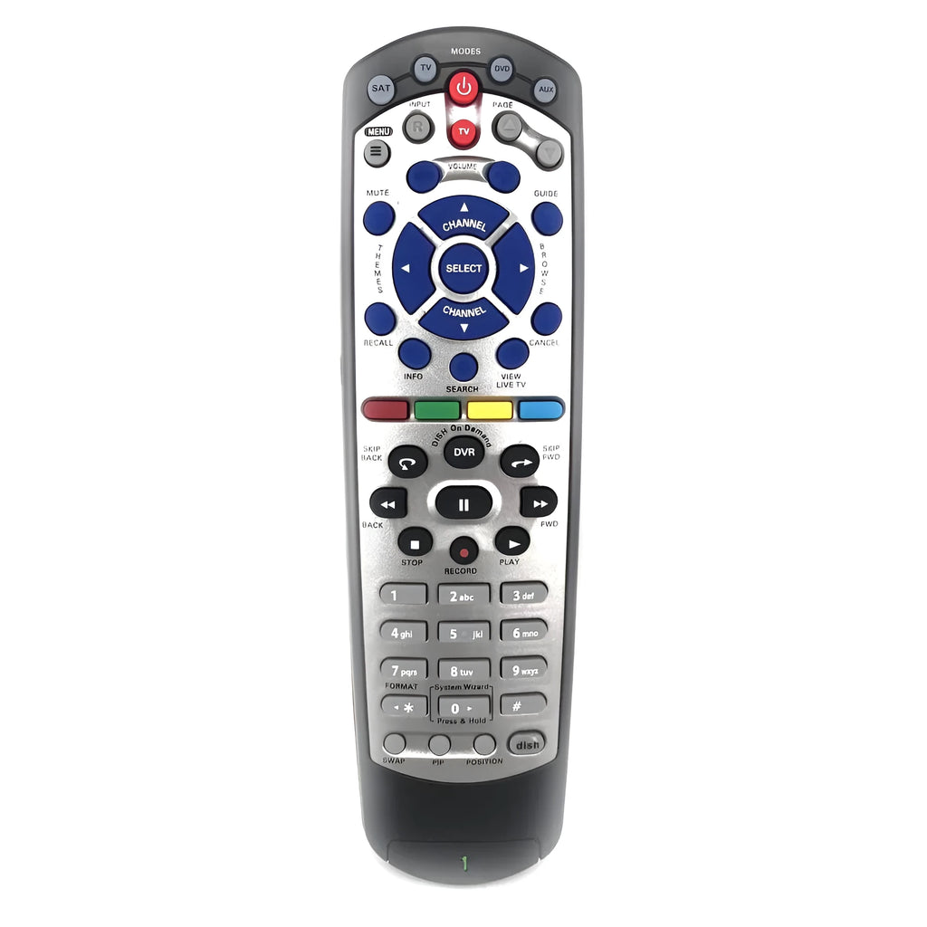 Black flat universal remote control for DISH Network satellite TV receivers.