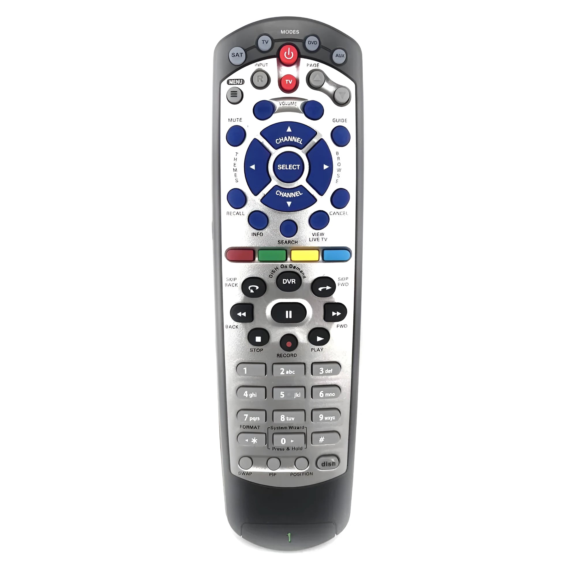 Black flat universal remote control for DISH Network satellite TV receivers.