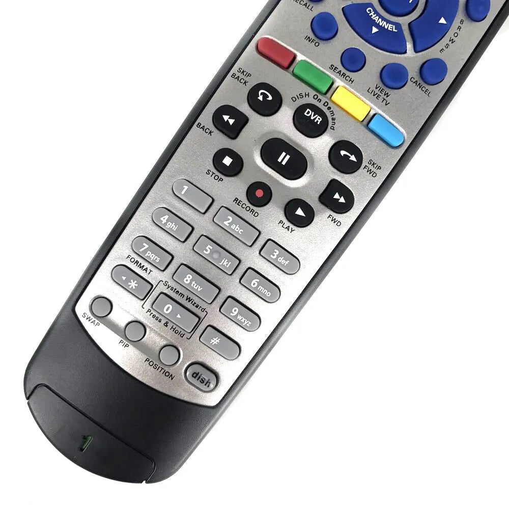 Black flat universal remote control for DISH Network satellite TV receivers.