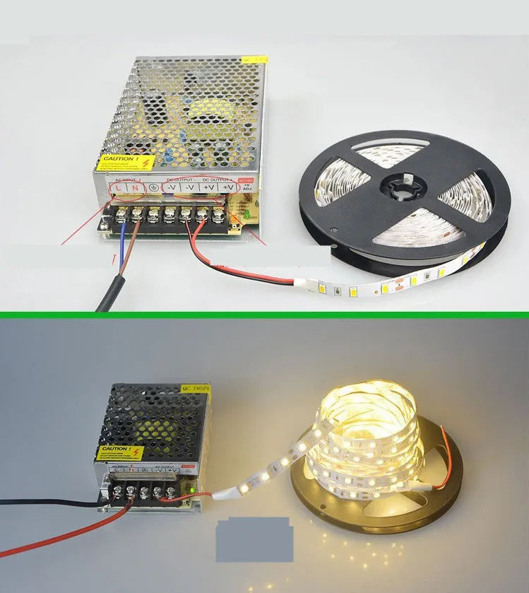 12V LED light strip in white, available as 2835 with 120 LEDs or 5050 with 60 LEDs per metre