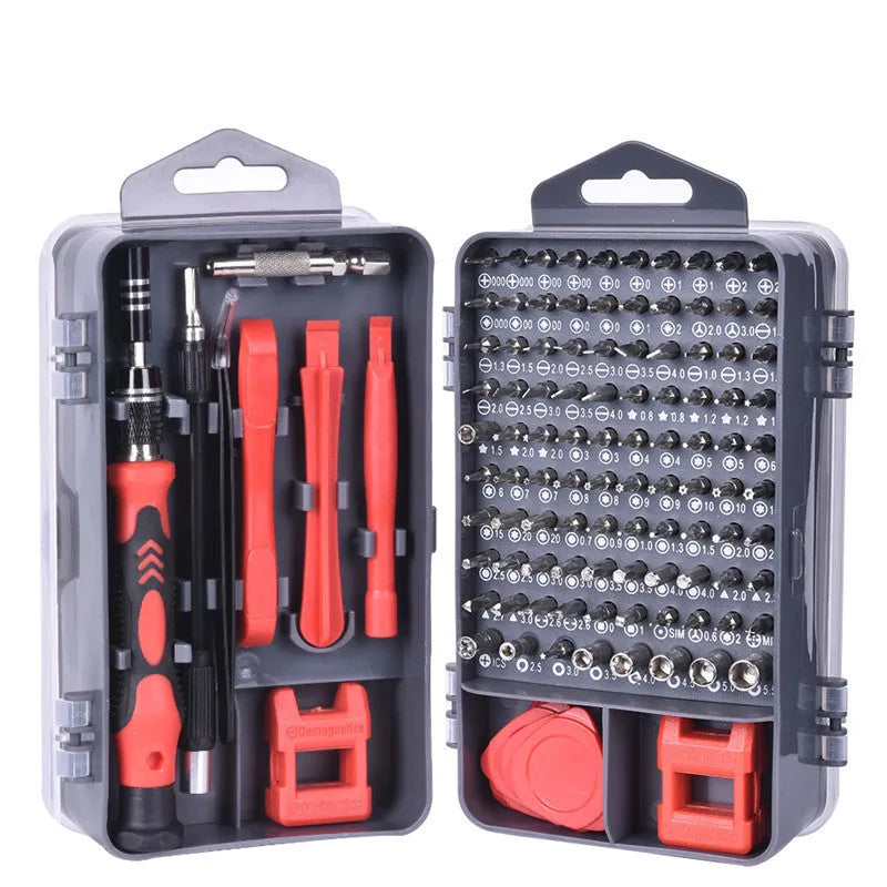 117-piece magnetic screwdriver set with flexible extension in red toolbox for electronics repair